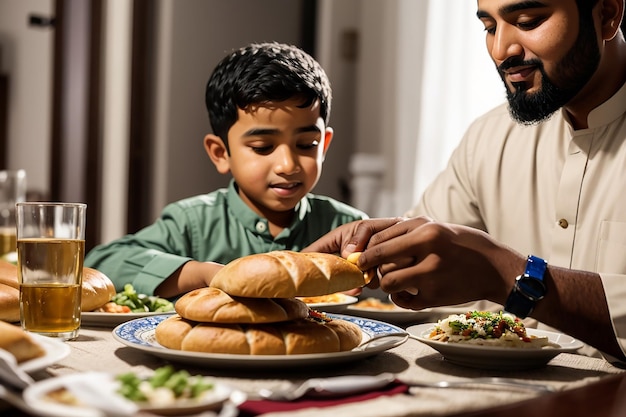 Close-up de um pai muçulmano passando seu filho Lafah Bread durante o jantar na mesa de jantar no Ramadão