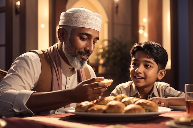 Close-up de um pai muçulmano passando seu filho Lafah Bread durante o jantar na mesa de jantar no Ramadão