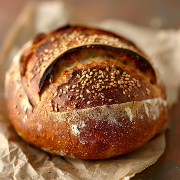 Foto close-up de um pão de massa fermentada estilo boule