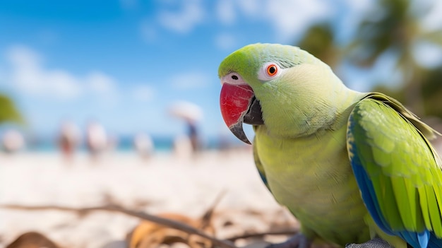 Close-up de um papagaio periquito rosa em uma praia tropical Generative AI