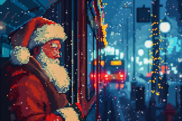 Close-up de um Papai Noel esperando o ônibus