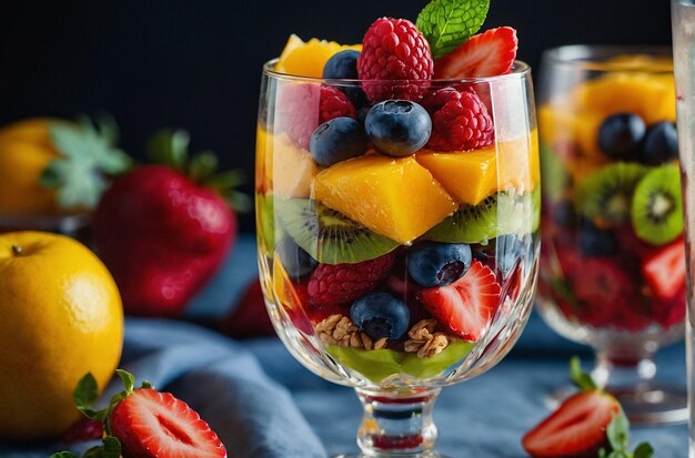 Foto close-up de um parfait de frutas em um copo