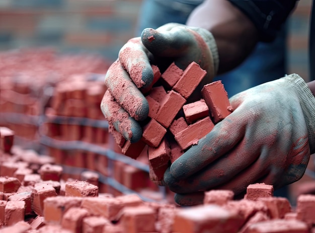 Foto close-up de um pedreiro industrial instalando tijolos em um canteiro de obras criado com tecnologia de ia gerativa