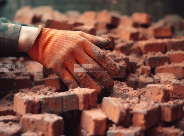 Close-up de um pedreiro industrial instalando tijolos em um canteiro de obras Criado com tecnologia de IA gerativa