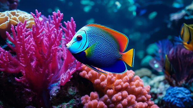 Close-up de um peixe-anjo vibrante nadando entre recifes de coral coloridos AI Generative