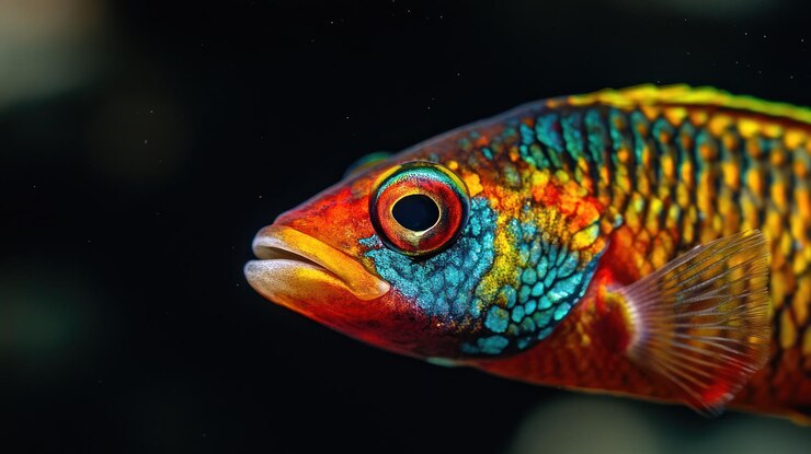 Foto close-up de um peixe colorido com a boca aberta e os olhos visíveis