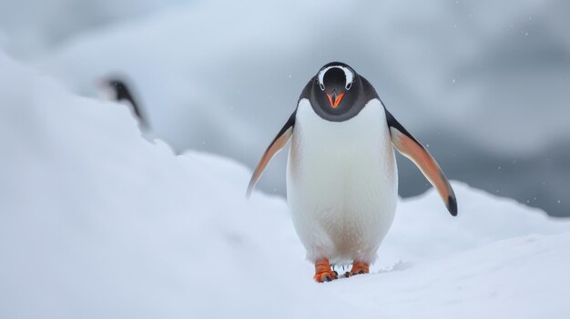 Close-up de um pinguim de queixo andando em direção à câmera com a cabeça erguida e o bico laranja brilhante