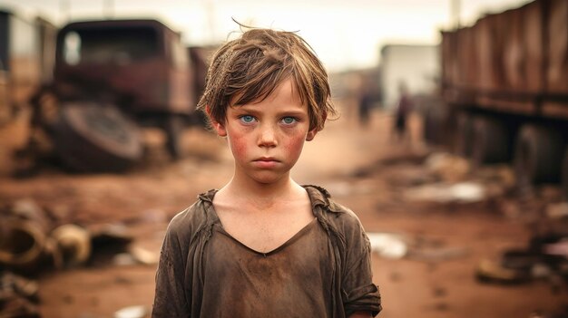 Foto close-up de um pobre menino órfão faminto em um campo de refugiados com uma expressão triste seu rosto e roupas estão sujas e seus olhos estão cheios de dor