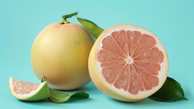 Foto close-up de um pomelo razrezannyj popolam em um fundo azul o pomelo é suculento e tem um sabor doce e ligeiramente ácido