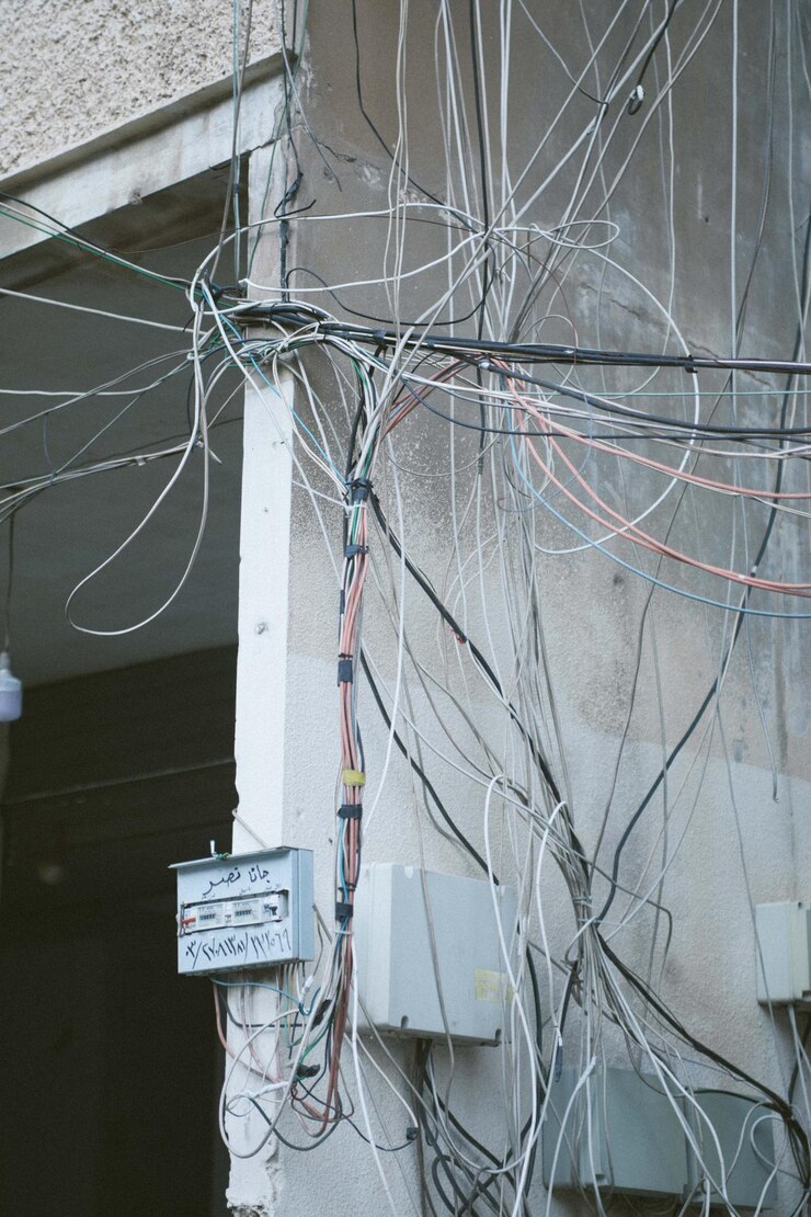 Foto close-up de um poste de telefone contra o edifício