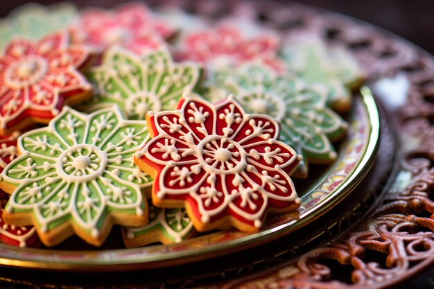 Close up de um prato de biscoitos de açúcar clássicos decorados com glasura vermelha e verde