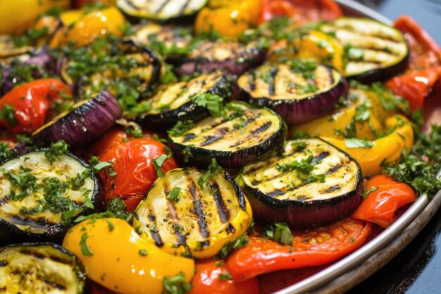 Foto close-up de um prato de vegetais grelhados com chuva de azeite