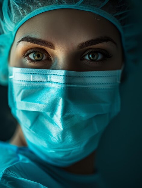 Close-up de um profissional de saúde com máscara e boné cirúrgico