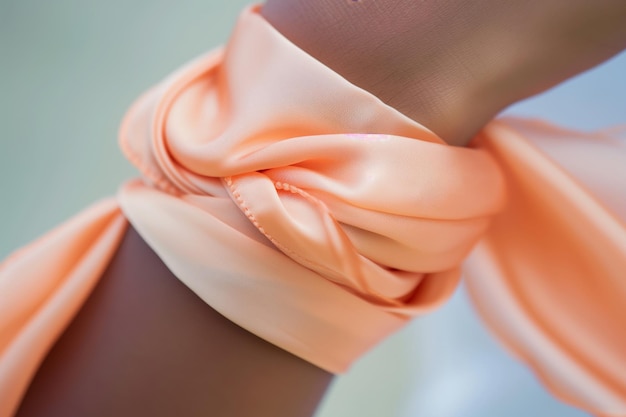 Close-up de um pulso de mulher enrolado em um lenço de seda de pêssego como uma pulseira