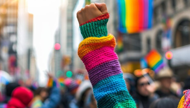 Close-up de um punho levantado em uma camisola arco-íris em um protesto LGBTQ com cores vibrantes