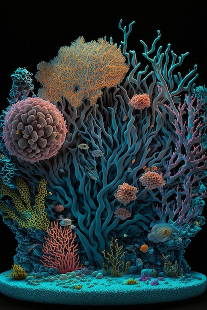 Close-up de um recife de coral em um fundo preto generativo ai