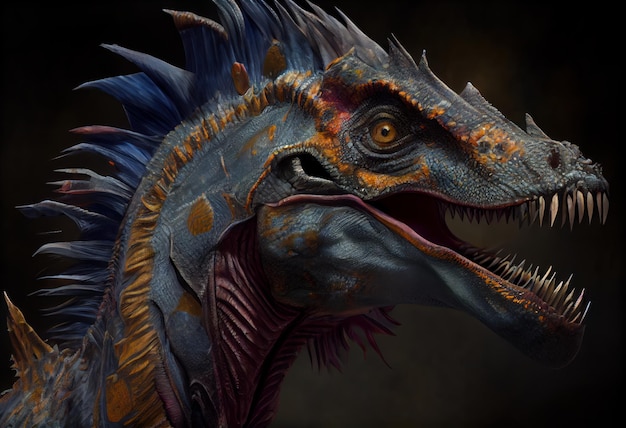 Close-up de um retrato de um dinossauro Dilophosaurus