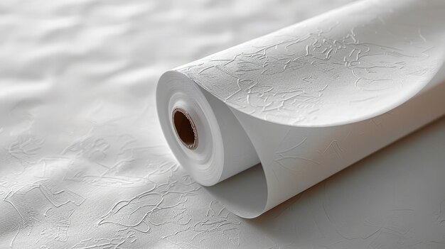 Close-up de um rolo de papel branco para parede com design em uma superfície limpa com um grande espaço para texto ou publicidade de produto IA geradora