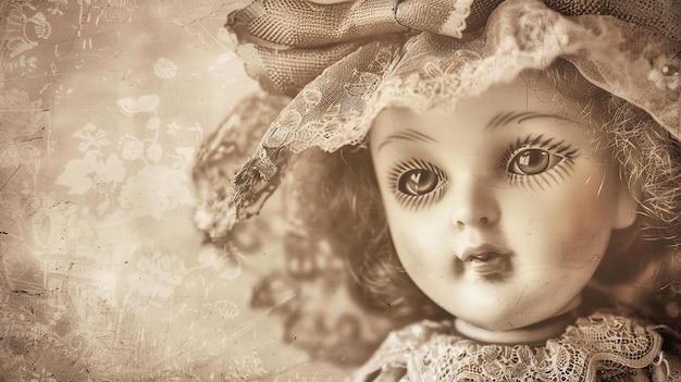 Foto close-up de um rosto de boneca vintage com um chapéu de renda a boneca tem grandes olhos castanhos e uma boca ligeiramente aberta