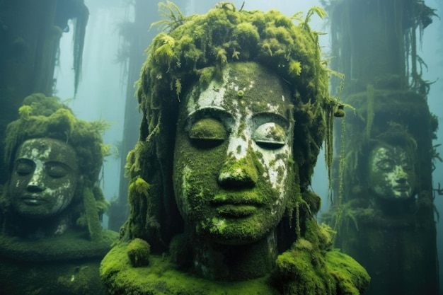 Close-up de um rosto de estátua subaquática coberto de musgo criado com AI generativa