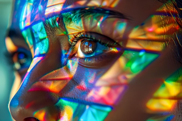 Close-up de um rosto de jovem mulher envolto em um jogo vibrante de reflexos de néon com um artístico