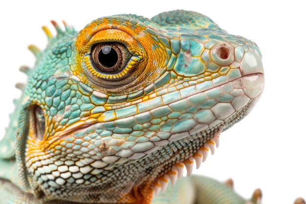 Foto close-up de um rosto de lagarto em fundo branco adequado para materiais educacionais ou desenhos com temas naturais