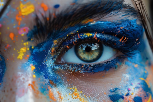 Close-up de um rosto de mulher intrincadamente pintado com cores azuis e amarelas mostrando a cela vibrante