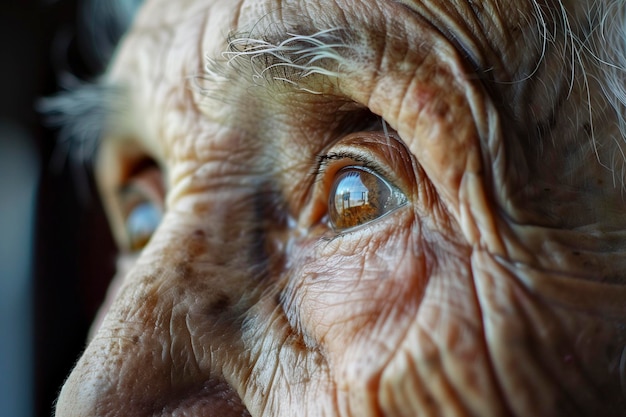 Close-up de um rosto de uma mulher idosa Estritamente pele humana com rugas fotografia macro