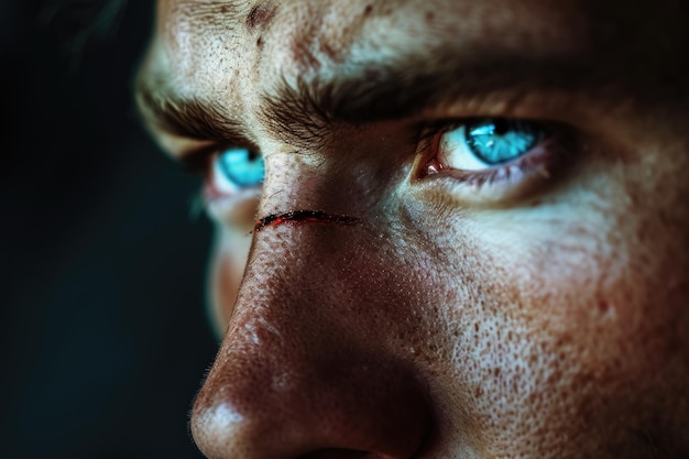 Close-up de um rosto masculino grave manchado com olhos azuis em um fundo escuro