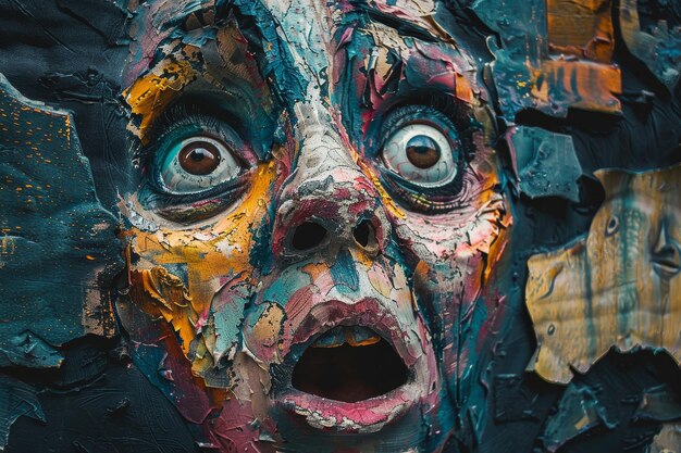 Close-up de um rosto pintado com características detalhadas e emoções expressivas Um rosto com emoções exageradas e expressivas