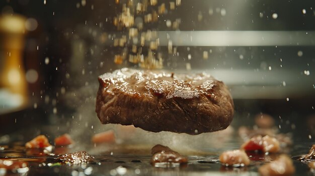 Close-up de um saboroso bife caindo na cozinha, movimento de câmera super lento filmado em alto