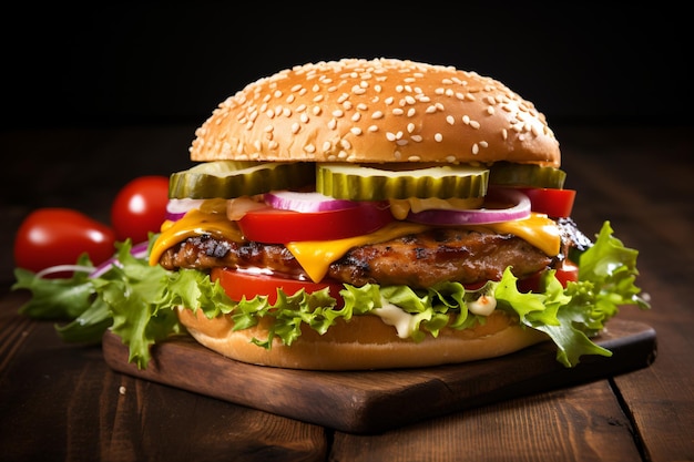 Close-up de um saboroso hambúrguer feito em casa em uma mesa de madeira