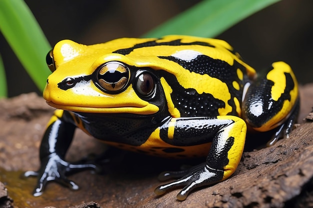 Close-up de um sapo amarelo e preto vibrante em um documentário de vida selvagem