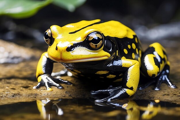 Close-up de um sapo amarelo e preto vibrante em um documentário de vida selvagem