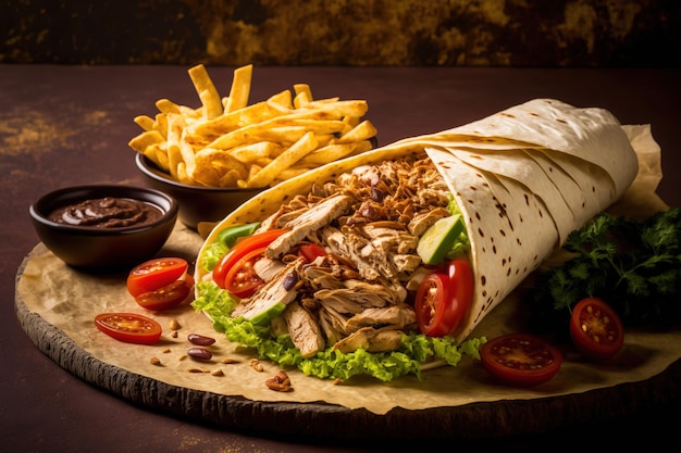 Close-up de um shawarma com batatas fritas de frango e legumes em um fundo bronzeado