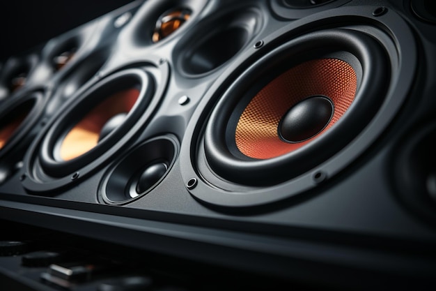 Close-up de um sistema de alto-falantes de som acústico multimídia amplificando música em preto