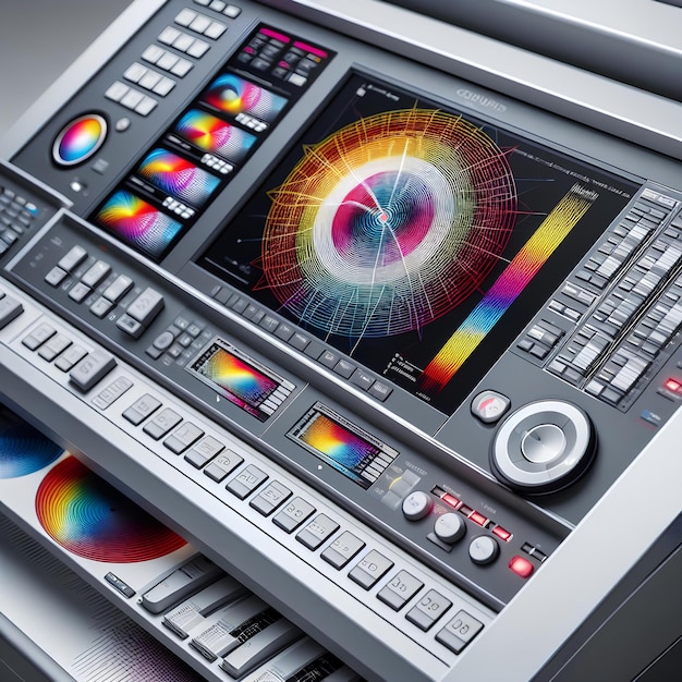 Close-up de um sistema de calibração de cores a laser preciso para impressão mostrando tecnologia avançada
