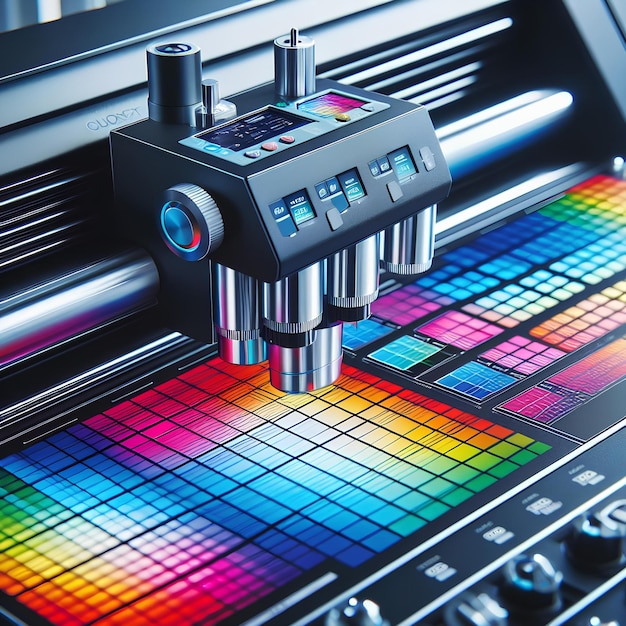 Foto close-up de um sistema de calibração de cores a laser preciso para impressão mostrando tecnologia avançada