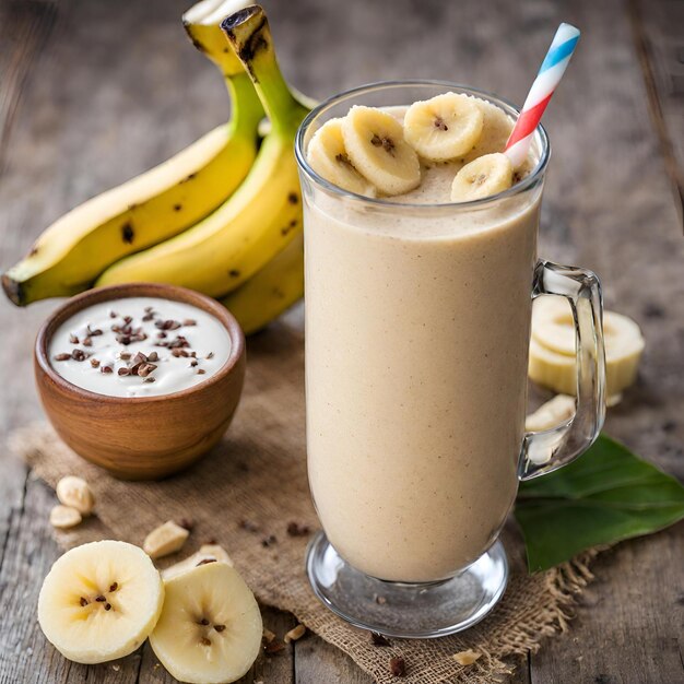 Close-up de um smoothie de banana fresca com frutas de abacaxi