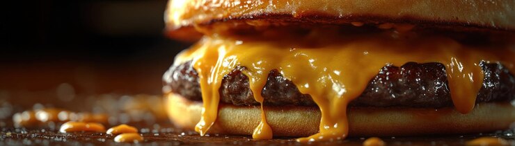 Foto close-up de um suculento cheeseburger gotejando com queijo derretido e molhos uma indulgência deliciosa
