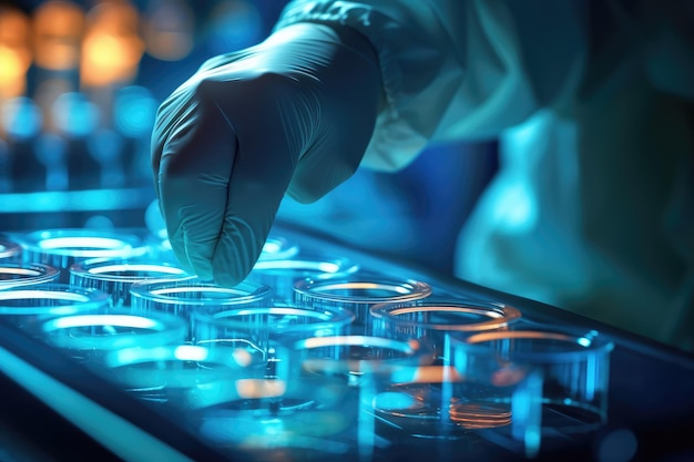 Foto close-up de um técnico de laboratório examinando uma placa de petri