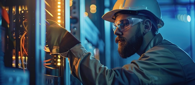 Foto close up de um técnico verificar e consertar o painel de operação equipamentos elétricos