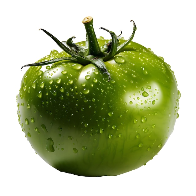 Foto close-up de um tomate verde com gotas de água em um fundo branco