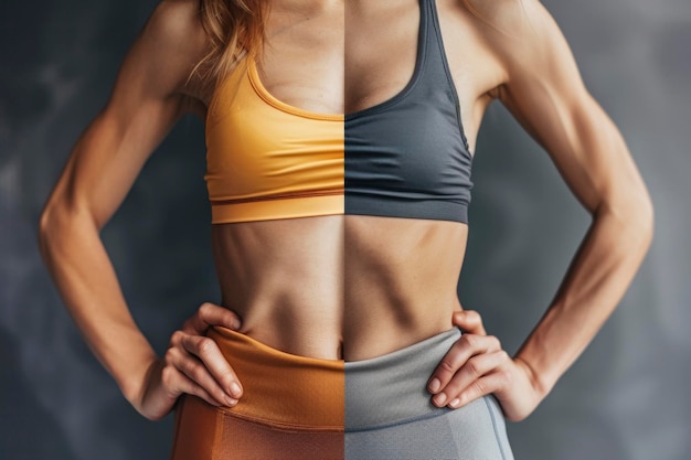 Foto close-up de um torso feminino em forma com dois sutiãs esportivos de cores contrastantes