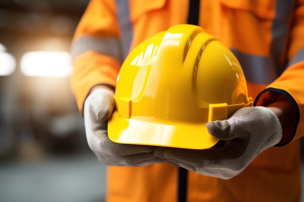 Foto close-up de um trabalhador da construção civil segurando um capacete em suas mãos