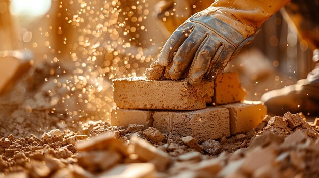 Close-up de um trabalhador da construção colocando tijolos em um canteiro de obras