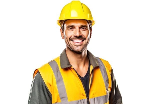 Close-up de um trabalhador rodoviário sorridente em uniforme capacete roupas especiais isolado de fundo branco