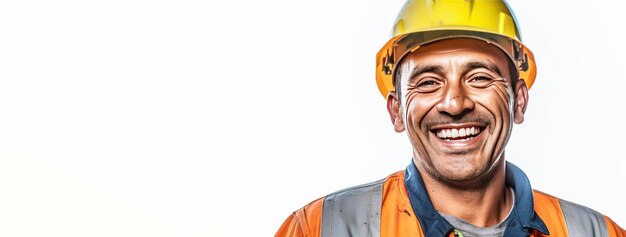 Close-up de um trabalhador rodoviário sorridente em uniforme capacete roupas especiais isolado de fundo branco