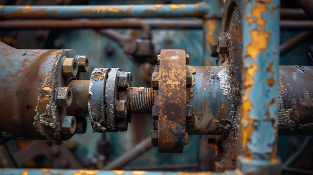 Foto close-up de um tubo de metal enferrujado com uma flange e parafusos a flange está conectada a outro tubo com parafusos e porcas