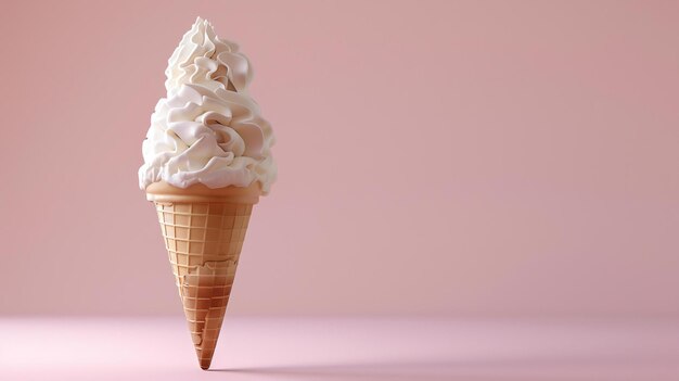 Close-up de um único cone de sorvete de baunilha com um fundo rosa suave O sorvete é coberto com um generoso turbilhão de creme batido